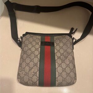 Gucci Beige and Black Messenger Bag with Red and Green Stripe along with wallet